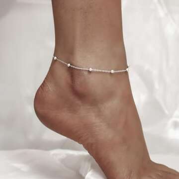CHIC & ARTSY Ankle Bracelets - 925 Sterling Silver Beaded Chain Anklets for Women - Elegant Adjustab...