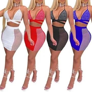 PORRCEY Women's Two-Piece Sexy Hot Drilling Craft Dress Party Club Evening Dress (3645,White,L)