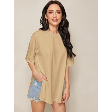 Floerns Women's Casual Basic Short Sleeve Loose T-Shirt Tee Tops Khaki Solid M