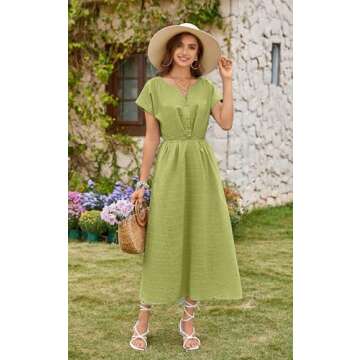 ECOWISH Women Cotton Midi Dress - Elegant Summer A-Line with Pockets
