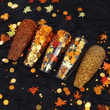 Golden Fall Nail Art Glitters Maple Leaf Nail Sequins, LPOODDNU Autumn Leaves Nail Decoration Accessories 3D Maple Leaves Nail Decals Professional Fall Nail Designs for Women Manicure DIY, 6 Jars