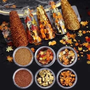 Golden Fall Nail Art Glitters Maple Leaf Nail Sequins, LPOODDNU Autumn Leaves Nail Decoration Accessories 3D Maple Leaves Nail Decals Professional Fall Nail Designs for Women Manicure DIY, 6 Jars