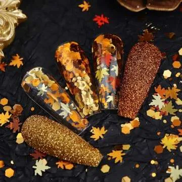Golden Fall Nail Art Glitters Maple Leaf Nail Sequins, LPOODDNU Autumn Leaves Nail Decoration Accessories 3D Maple Leaves Nail Decals Professional Fall Nail Designs for Women Manicure DIY, 6 Jars