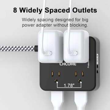 Surge Protector Power Strip - CHCORE 5Ft Braided Extension Cord with 8 Outlets with 4 USB (2 USB C) Charging Ports, Flat Plug Multi Plug Outlet Extender Charging Station for Home Office, ETL, Black