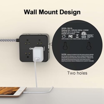 Surge Protector Power Strip - CHCORE 5Ft Braided Extension Cord with 8 Outlets with 4 USB (2 USB C) Charging Ports, Flat Plug Multi Plug Outlet Extender Charging Station for Home Office, ETL, Black