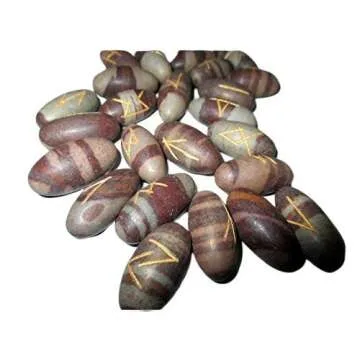 Marvelous Fantastic Narmada Lingam 25 Rune Stones Gemstones Elder Futhark Norse Handcrafted Handmade Agate Magic Crystal Engraved Letter Body Velvet Pouch Chakras Reiki Gift