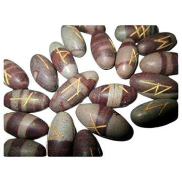 Marvelous Fantastic Narmada Lingam 25 Rune Stones Gemstones Elder Futhark Norse Handcrafted Handmade Agate Magic Crystal Engraved Letter Body Velvet Pouch Chakras Reiki Gift