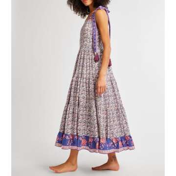 Women Summer Dresses Flowy Smocked Maxi Dress Sleeveless Tie Shoulder Boho Dresses Y2K Floral Beach Sundresses, Flowy Purple, Large