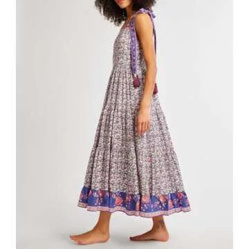 Women Summer Dresses Flowy Smocked Maxi Dress Sleeveless Tie Shoulder Boho Dresses Y2K Floral Beach Sundresses, Flowy Purple, Large