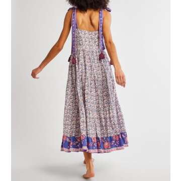 Women Summer Dresses Flowy Smocked Maxi Dress Sleeveless Tie Shoulder Boho Dresses Y2K Floral Beach Sundresses, Flowy Purple, Large