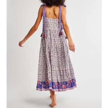 Women Summer Dresses Flowy Smocked Maxi Dress Sleeveless Tie Shoulder Boho Dresses Y2K Floral Beach Sundresses, Flowy Purple, Large