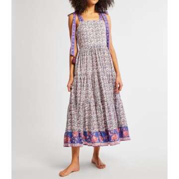 Women Summer Dresses Flowy Smocked Maxi Dress Sleeveless Tie Shoulder Boho Dresses Y2K Floral Beach Sundresses, Flowy Purple, Large