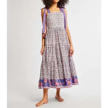 Women Summer Dresses Flowy Smocked Maxi Dress Sleeveless Tie Shoulder Boho Dresses Y2K Floral Beach Sundresses, Flowy Purple, Large