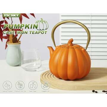 VICSKY Orange Pumpkin Cast Iron Teapot, Natural Pumpkin Color, Japanese Cast Iron Tea Kettle Stoveto...