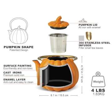 VICSKY Orange Pumpkin Cast Iron Teapot, Natural Pumpkin Color, Japanese Cast Iron Tea Kettle Stovetop Safe with Infuser, Cute Creative Pumpkin Halloween Teapot(40oz/1200ml, Orange)