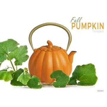 VICSKY Orange Pumpkin Cast Iron Teapot, Natural Pumpkin Color, Japanese Cast Iron Tea Kettle Stovetop Safe with Infuser, Cute Creative Pumpkin Halloween Teapot(40oz/1200ml, Orange)