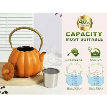 VICSKY Orange Pumpkin Cast Iron Teapot, Natural Pumpkin Color, Japanese Cast Iron Tea Kettle Stovetop Safe with Infuser, Cute Creative Pumpkin Halloween Teapot(40oz/1200ml, Orange)