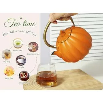 VICSKY Orange Pumpkin Cast Iron Teapot, Natural Pumpkin Color, Japanese Cast Iron Tea Kettle Stovetop Safe with Infuser, Cute Creative Pumpkin Halloween Teapot(40oz/1200ml, Orange)