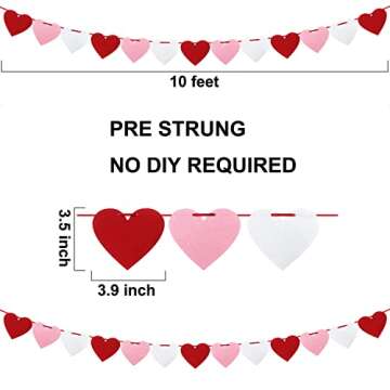 XIANMU 4 Pack Felt Heart Banner Pre-Strung Valentine’s Day Garland Banner Heart Decorations for An...