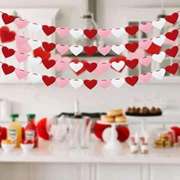 XIANMU 4 Pack Felt Heart Banner Pre-Strung Valentine’s Day Garland Banner Heart Decorations for Anniversary Wedding Birthday Party Mother's Day Decorations - Red White Pink
