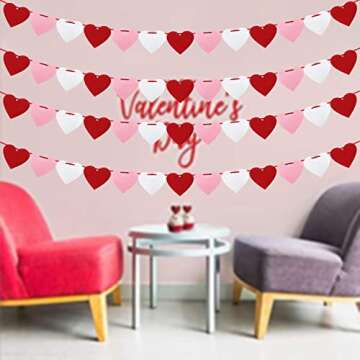XIANMU 4 Pack Felt Heart Banner Pre-Strung Valentine’s Day Garland Banner Heart Decorations for Anniversary Wedding Birthday Party Mother's Day Decorations - Red White Pink