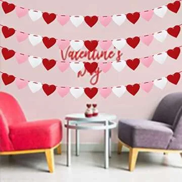 XIANMU 4 Pack Felt Heart Banner Pre-Strung Valentine’s Day Garland Banner Heart Decorations for Anniversary Wedding Birthday Party Mother's Day Decorations - Red White Pink