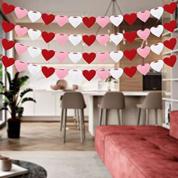 XIANMU 4 Pack Felt Heart Banner Pre-Strung Valentine’s Day Garland Banner Heart Decorations for Anniversary Wedding Birthday Party Mother's Day Decorations - Red White Pink