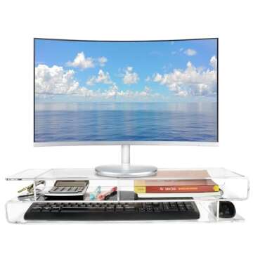 Ikee Design Premium 20 inch Wide Acrylic Large Monitor Stand Riser with 5 Compartments ,2 Tier Computer Stand with Storage, Acrylic Laptop Stand, Back to School, 20 W x 7.4 D x 4.5 H in