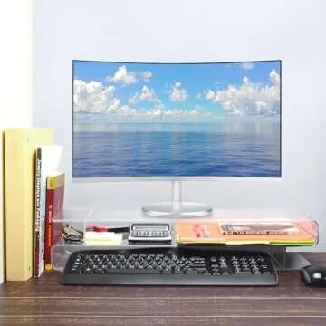 Ikee Design Premium 20 inch Wide Acrylic Large Monitor Stand Riser with 5 Compartments ,2 Tier Computer Stand with Storage, Acrylic Laptop Stand, Back to School, 20 W x 7.4 D x 4.5 H in