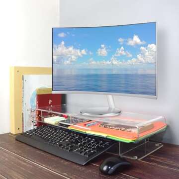 Ikee Design Premium 20 inch Wide Acrylic Large Monitor Stand Riser with 5 Compartments ,2 Tier Computer Stand with Storage, Acrylic Laptop Stand, Back to School, 20 W x 7.4 D x 4.5 H in