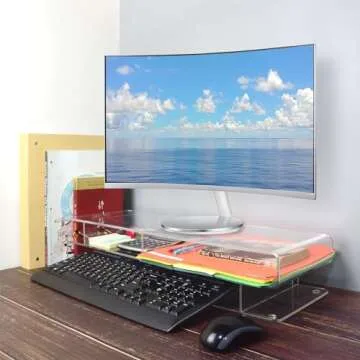 Ikee Design Premium 20 inch Wide Acrylic Large Monitor Stand Riser with 5 Compartments ,2 Tier Computer Stand with Storage, Acrylic Laptop Stand, Back to School, 20 W x 7.4 D x 4.5 H in