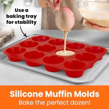 HOTPOP Silicone Muffin Mold for on Top of Baking Sheet, 12 Muffins (Red) - Muffin Pans Nonstick 12 S...