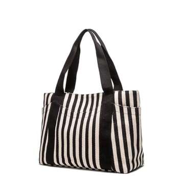 Medium Tote Bag for Women, Black & White Summer Purses, Canvas Shoulder Handbags with Pockets, Work ...
