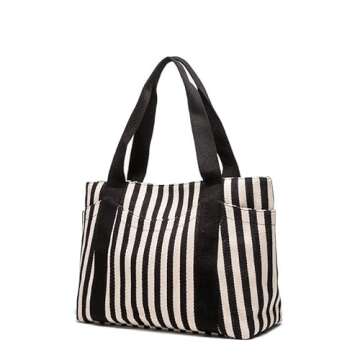 Medium Tote Bag for Women, Black & White Summer Purses, Canvas Shoulder Handbags with Pockets, Work bag for Teacher Trendy(M Black+White)