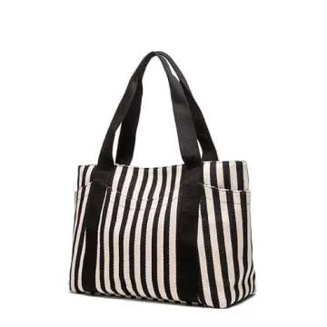 Medium Tote Bag for Women, Black & White Summer Purses, Canvas Shoulder Handbags with Pockets, Work bag for Teacher Trendy(M Black+White)