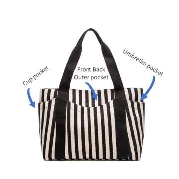 Medium Tote Bag for Women, Black & White Summer Purses, Canvas Shoulder Handbags with Pockets, Work bag for Teacher Trendy(M Black+White)