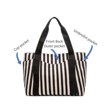 Medium Tote Bag for Women, Black & White Summer Purses, Canvas Shoulder Handbags with Pockets, Work bag for Teacher Trendy(M Black+White)