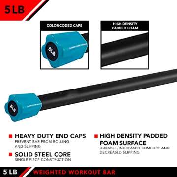 JFIT Weighted Workout Bar with Rubber Padding, 48”, 5 LB, Aqua/Black,20-7505