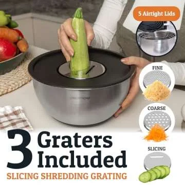 Priority Chef Stainless Steel Mixing Bowls with Lids Set, 3 Grater Attachments, Airtight Lids, Non-Slip Silicone Base Mixing Bowl Set, Large Prep Metal Mixing Bowls for Kitchen, Black