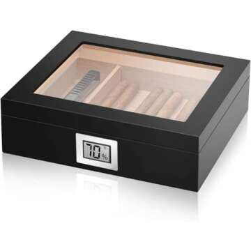 Flauno Cigar Humidor Box, Spanish Cedar Wood Cigar Box, Glass Top Humidor Cigar Storage Case with Di...