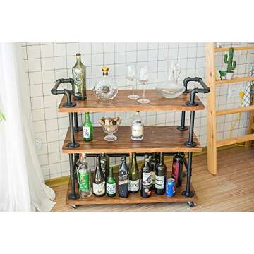 Industrial Bar Cart with Wheels - Solid Wood and Metal