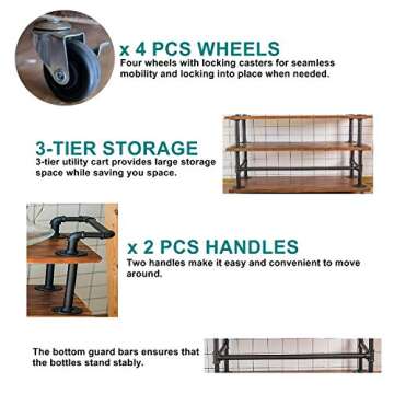 Industrial Bar Cart with Wheels - Solid Wood and Metal