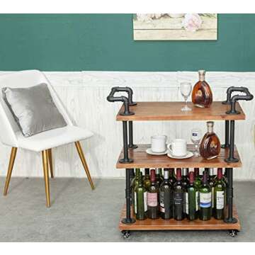 Industrial Bar Cart with Wheels - Solid Wood and Metal