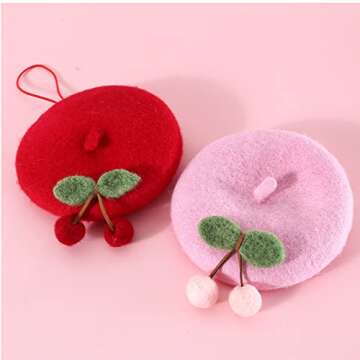 LtuzPet Adorable Beret Cat Dog Cute Pets Cap with Cherry Decor Wool Berets for Small Cat and Puppy B...