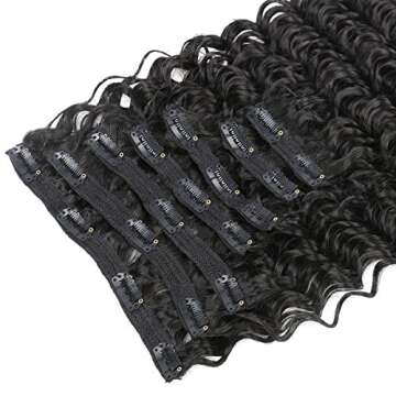 FASHION LINE Synthetic Curly Clip in Hair Extensions Double Weft Full Head Deep Wave Hair Pieces Heat Resistance Thick Deep Wave Clip In 7 Pieces(24" Deep Wave, #1B Natural Black)