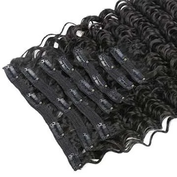 FASHION LINE Synthetic Curly Clip in Hair Extensions Double Weft Full Head Deep Wave Hair Pieces Heat Resistance Thick Deep Wave Clip In 7 Pieces(24" Deep Wave, #1B Natural Black)