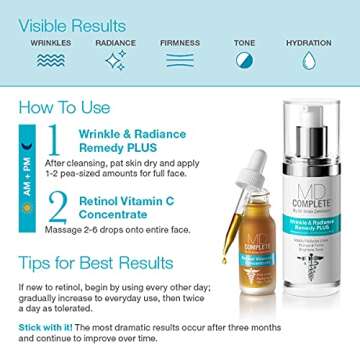 MD Complete Wrinkle Retinol Duo| Professional Dermatologist Skincare Includes Wrinkle & Radiance Remedy PLUS 1.0 fl oz and Retinol Vitamin C Concentrate with Retinol and Vitamin C 0.5 fl oz Set of Two