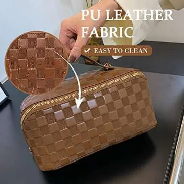 Niumike Large Capacity Travel Cosmetic Bags for Women - PU Leather Small Cute Plaid Checkered Makeup Bag Organizer Waterproof Portable Travel Toiletry Bag (White)