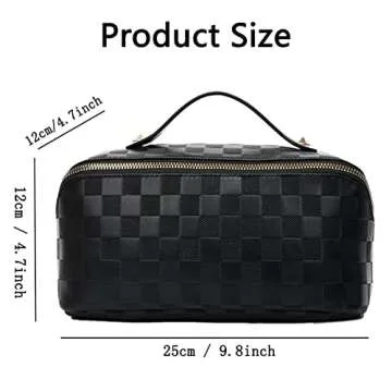 Niumike Large Capacity Travel Cosmetic Bags for Women - PU Leather Small Cute Plaid Checkered Makeup Bag Organizer Waterproof Portable Travel Toiletry Bag (White)