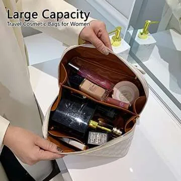 Niumike Large Capacity Travel Cosmetic Bags for Women - PU Leather Small Cute Plaid Checkered Makeup Bag Organizer Waterproof Portable Travel Toiletry Bag (White)